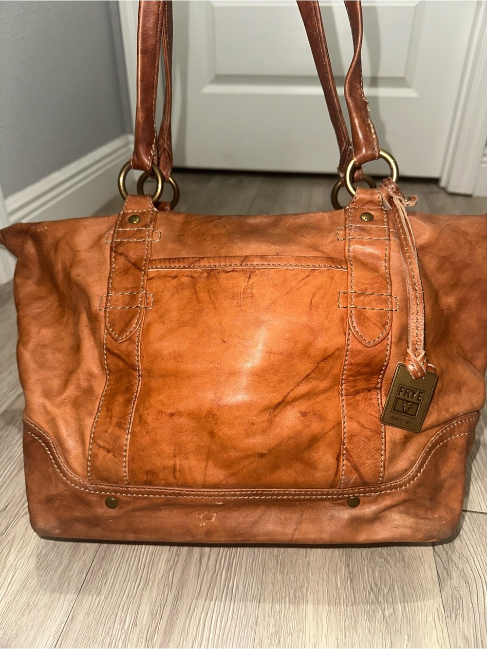 Frye Melissa Cognac Brown Distressed Leather Satchel Bag Purse